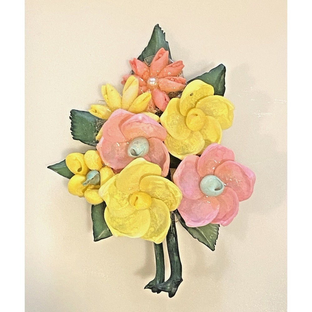 Vintage Floral Bouquet Brooch Pink Yellow Easter Flowers 2.5 inch